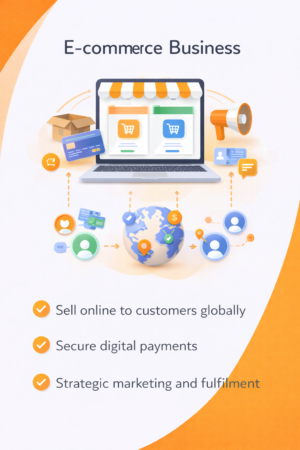 E-commerce business overview graphic showing an online store with icons for secure payments, marketing, fulfillment, customer support, and global reach