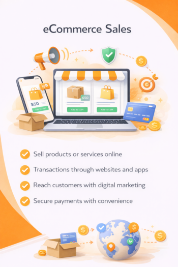 Infographic showing ecommerce sales with an online store on a laptop and phone, plus icons for secure payments, marketing reach, and convenient shopping