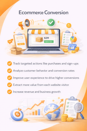 Infographic explaining ecommerce conversion with a product page and checkout on a laptop, plus icons for sign-ups, tracking actions, and revenue growth