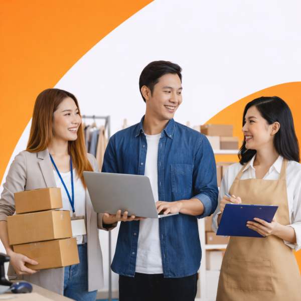 A small ecommerce team packing orders and checking a laptop
